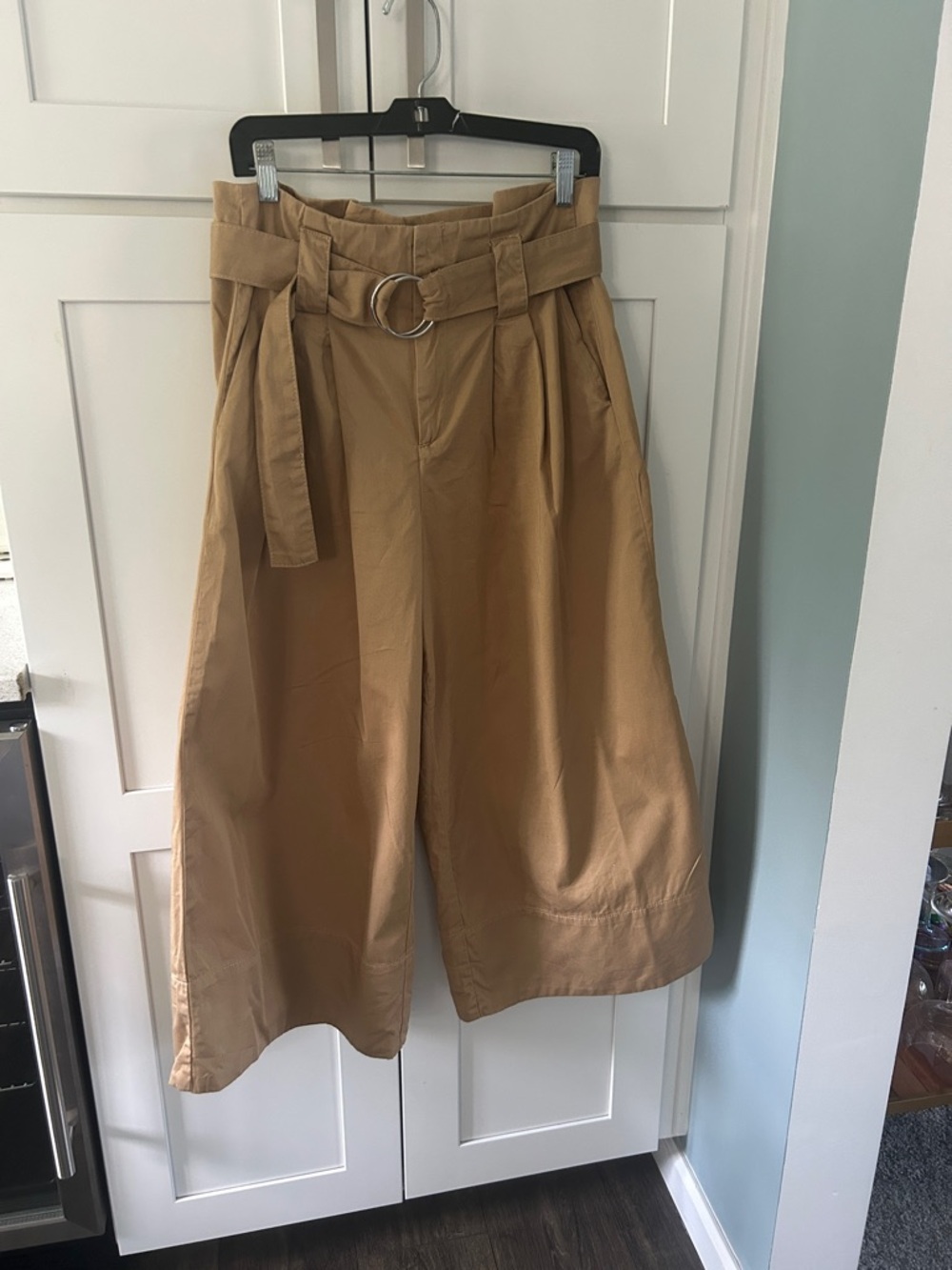 Maeve Wide-Leg Paperbag Wide Leg Cropped Pants in Camel